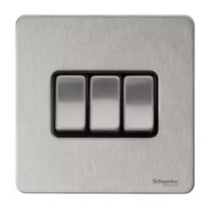 Schneider Electric Ultimate Screwless Flat Plate - 3 Gang Rocker 2 Way Light Switch, Single Pole, 16AX, GU1432BSS, Stainless Steel with Black Insert