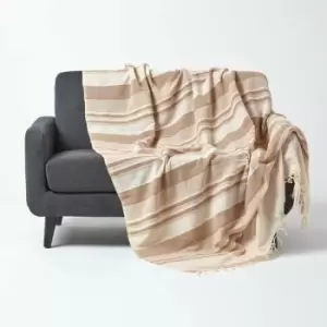 HOMESCAPES Cotton Morocco Striped Beige Throw, 225 x 255cm - Natural