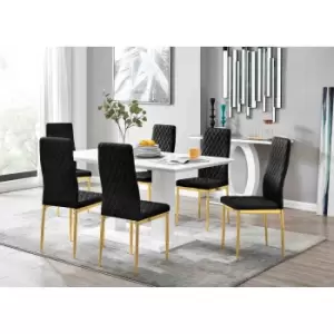 Furniture Box Imperia 6 White Dining Table and 6 Black Velvet Milan Gold Leg Chairs