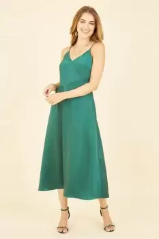 Green Satin Strappy Midi Dress