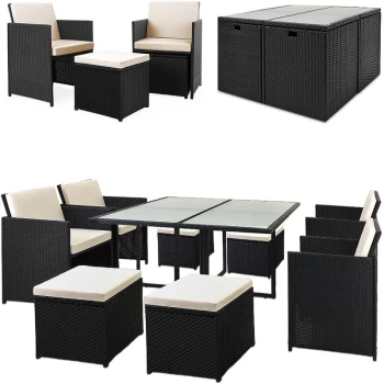 DEUBA Poly Rattan Cube Set Size Choice Black Wicker Garden Furniture Outdoor Patio Conservatory Dining Table Chairs Stool (8 + 1)