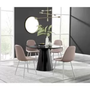 Furniture Box Palma Black Semi Gloss Round Dining Table and 4 Cappuccino Corona Silver Chairs