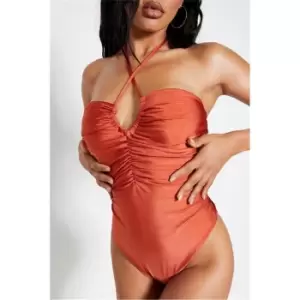 I Saw It First Rust Ruched Front Tie Swimsuit - Orange