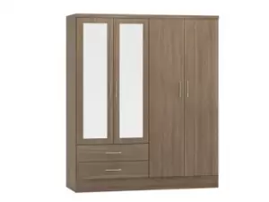 Seconique Nevada Rustic Oak 4 Door 2 Drawer Mirrored Wardrobe