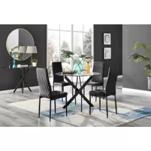 Furniturebox UK - Furniturebox Novara Black Leg 120cm Round Glass Dining Table & 4 Black Milan Velvet Dining Chairs With Black Legs Diamond Stitch