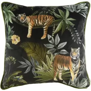 Evans Lichfield - Jungle Tiger Print Faux Velvet Piped Edge Cushion Cover, Petrol, 43 x 43 Cm