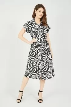 Black Zebra Print Midi Shirt Dress