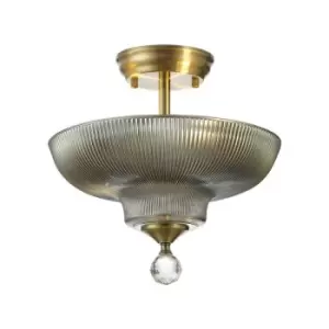 Luminosa Talisa 2 Light Semi Flush Ceiling Lamp E27 With Round 30cm Glass Shade Antique Brass, Smoked