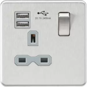 MLA Knightsbridge 13A 1 Gang Socket With Dual USB Charger (2.4A) Brushed Chrome W/Grey Insert - SFR9124BCG