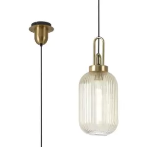 Luminosa 1 Light Pendant E27 With 20cm Tubular Ribbed Glass, Champagne Brass Gold, Matt Black