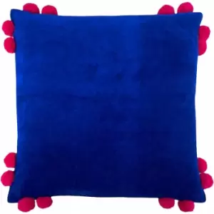 Hoola Pop Pom 100% Cotton Fringed Cushion Cover, Blue/Pink, 45 x 45cm - Furn