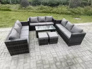 Fimous 9 Seater Outdoor Dark Grey Rattan Garden Furniture Lounge Sofa Set with Oblong Rectangular Coffee Table and 2 Stools