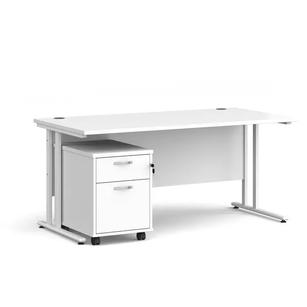 Maestro 25 Straight Desk with White Cantilever Frame and 2 Drawer Pedestal - White - 1600mm x 800mm