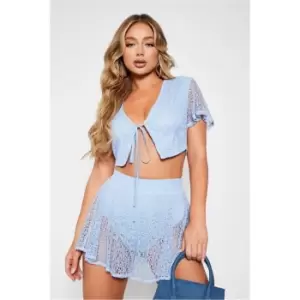 I Saw It First Baby Blue Lace Tie Front Crop Top - Blue