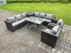 Fimous 8 Seater Outdoor Dark Grey Rattan Lounge Complete Sofa Set with Patio Dining Table and Side Table