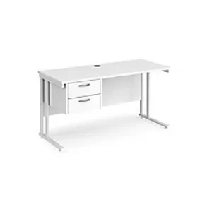 Rectangular Straight Desk with 2 Drawer Pedestal White Wood Cantilever Legs White Maestro 25 1400 x 600 x 725mm