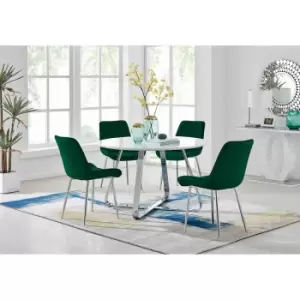 Furniture Box Santorini White Round Dining Table and 4 Green Pesaro Silver Leg Chairs