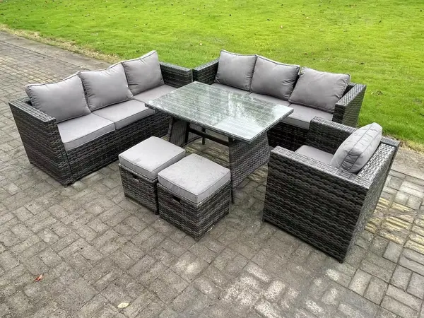 Fimous 7 Seater Outdoor Dark Grey Wicker PE Rattan Lounge Complete Sofa Set with Patio Dining Table and 2 Stools