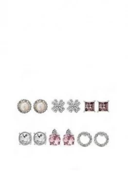 Mood Silver Plated Pearl Crystal Stud Earrings - Pack Of 6