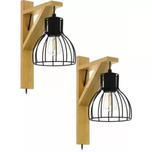 2 PACK LED Wall Light / Sconce Natural Wood & Black Wire Hangman 1x 40W E27