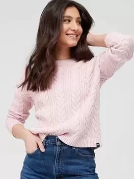 Superdry Dropped Shoulder Cable Crew Neck Jumper - Pink, Size 16, Women