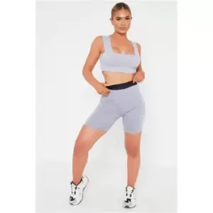 I Saw It First Grey Contrast Waistband Double Stripe Cycling Short - Grey