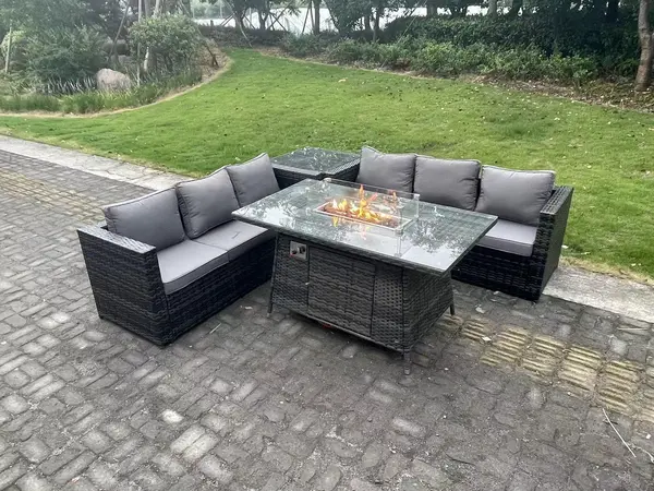 Fimous 6 Seater Outdoor Dark Grey Rattan Lounge Complete Sofa Set with Gas Fire Pit Dining Table, Gas Heater, and Side Table