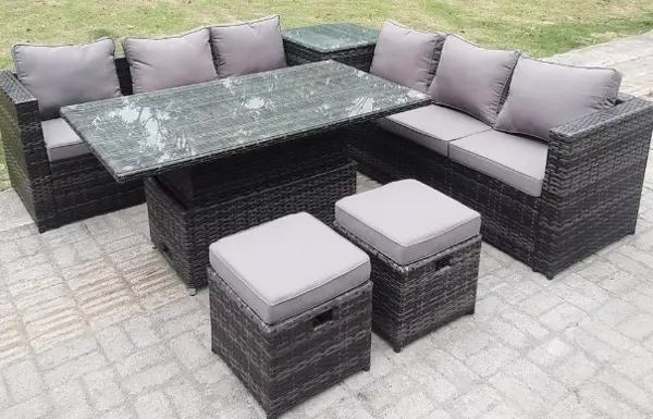 Fimous 6 Seater Outdoor Dark Grey Mixed Wicker Rattan Lounge Complete Sofa Set with Rising Table and 2 Stools