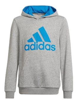 adidas Boys Big Logo Overhead Hoodie - Grey/Blue, Grey/Blue, Size 15-16 Years