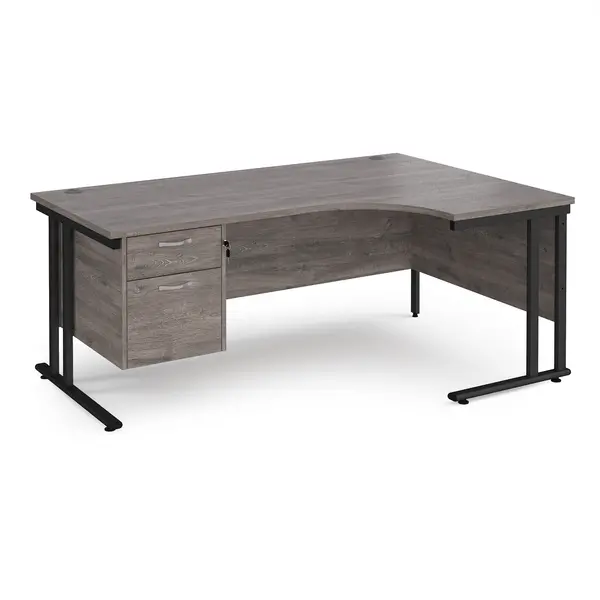 Maestro 25 right hand ergonomic desk 1800mm wide with 2 drawer pedestal - Black cantilever leg frame, grey oak top