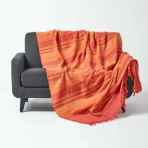 Cotton Morocco Striped Terracotta Throw, 225 x 255cm - Orange - Homescapes