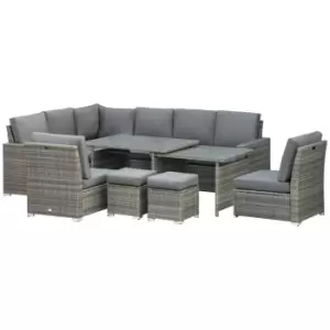 Outsunny 7 Piece Rattan Garden Furniture Set, 10-Seater Sofa Sectional with Cushioned Sofa Seat, Footstools and Expandable Glass Table for Yard Grey