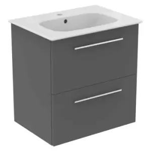 Ideal Standard I.life A 60Cm Matt Quartz Grey Wall Hung Vanity Unit, 64Cm White Vanity Basin And Chrome Handle Pack