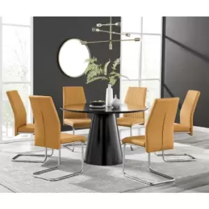 Furniturebox Palma Black Semi Gloss 120cm Round Minimalist Dining Table & 6 Mustard Lorenzo Chairs