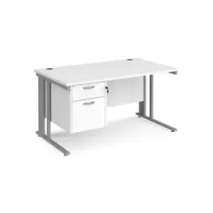 Office Desk Rectangular Desk 1400mm With Pedestal White Top With Silver Frame 800mm Depth Maestro 25 MCM14P2SWH