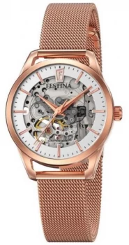 Festina Womens Automatic Skeleton Rose Gold Mesh Bracelet Watch