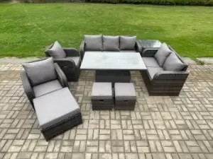 Fimous 8 Seater Outdoor Dark Grey Wicker PE Rattan Garden Furniture with Adjustable Dining Table, 2 Stools and Big Footstool