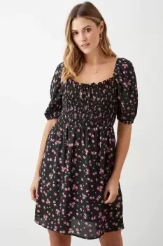 Black Floral Shirred Mini Dress