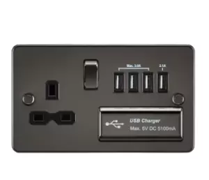 KnightsBridge Flat plate 13A switched socket with quad USB charger - gunmetal with Black insert