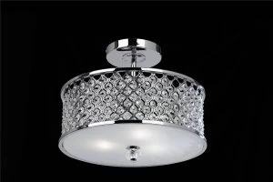 3 Light Semi Flush Ceiling Light Metal with Crystal Beads & Glass Diffuser, E27