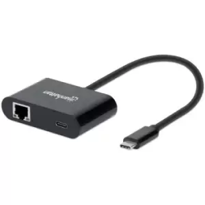 Manhattan USB-C to Gigabit Network and USB-C (inc Power Delivery) 19.5cm Black Ethernet RJ45 10/100/1000 Mbps Power Delivery to USB-C Port (60W) Equiv