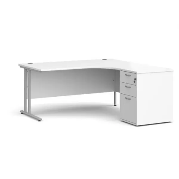 Office Desk Right Hand Corner Desk 1600mm With Pedestal White Top With Silver Frame Maestro 25