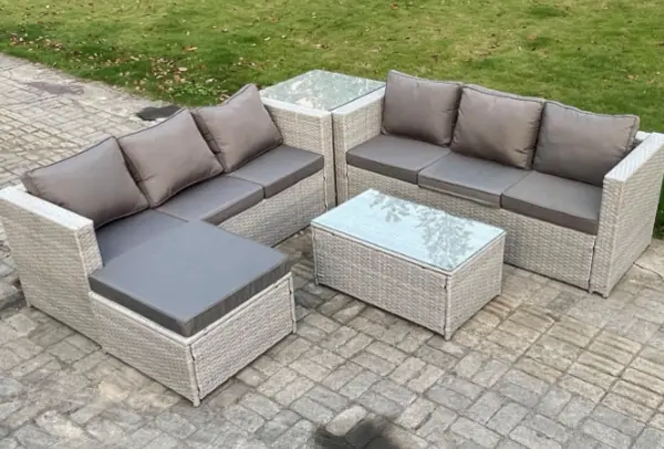 Fimous 6 Seater Outdoor Light Grey Rattan Lounge Complete Sofa Set with 2 Coffee Tables and Big Footstool