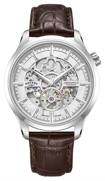 Rotary GS02945/06 Greenwich Silver Skeleton Dial Brown Watch