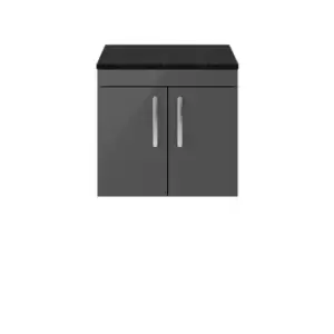 Nuie Athena 600 Wall Hung 2-door Vanity & Sparkling Black Worktop - Gloss Grey