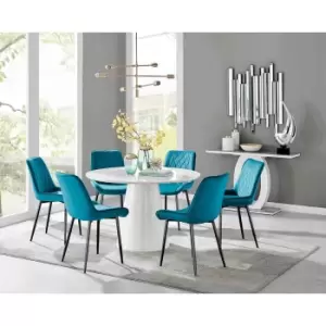 Furniture Box Palma White High Gloss Round Dining Table and 6 Blue Pesaro Black Leg Chairs