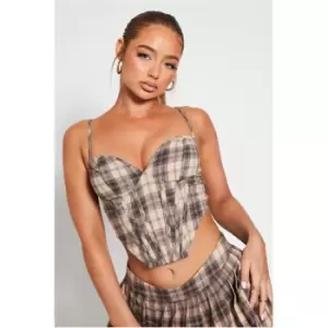 I Saw It First Check Print V-Front Tailored Crop Top - Brown