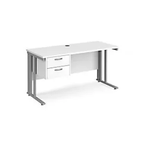 Rectangular Straight Desk White Wood Cable Managed Legs Silver Maestro 25 1400 x 600 x 725mm 2 Drawer Pedestal