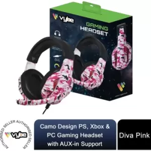 Vybe Headset Camo Design for PS, Xbox & PC Gaming with AUX-in Support, Diva Pink