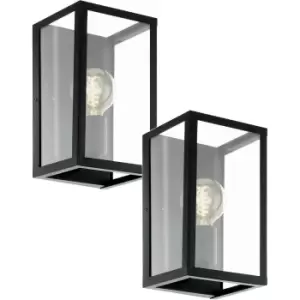 2 PACK LED Wall Light / Sconce Black Steel & Clear Glass Box Shade 60W E27